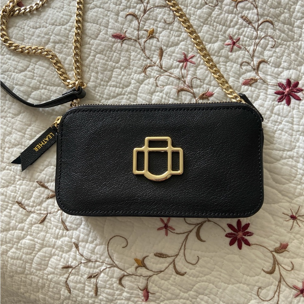 Antonio Melani black leather crossbody purse with gold chain